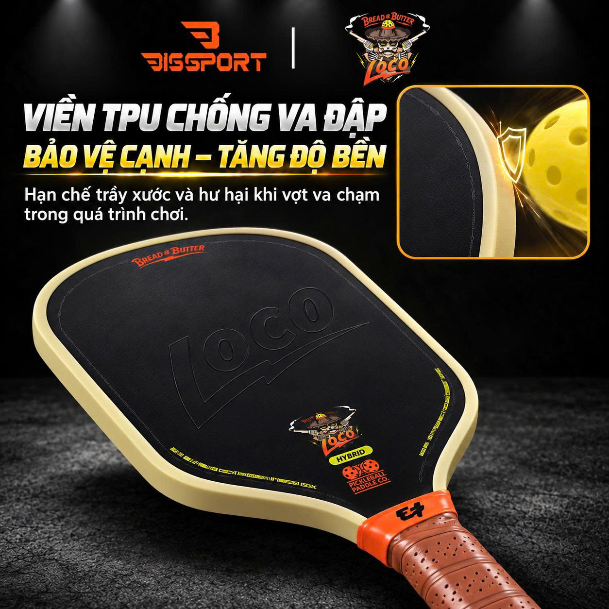Vợt Pickleball LOCO Hybrid Chính Hãng - Màu Vàng - 16mm - Bền Chắc - Siêu Nhám - Bám Bóng - Toàn Diện - Ổn Định